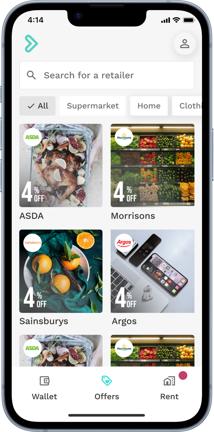Housing Perks app showing retailer offers and rent contribution